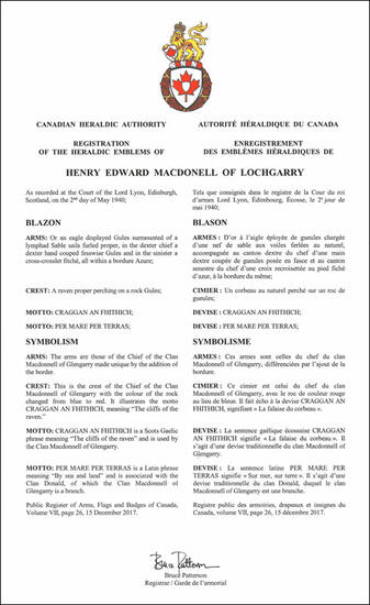 Letters Patent registering the Heraldic Emblems of Henry Edward Macdonell of Lochgarry