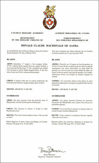 Arms of Donald Claude MacDonald of Sanda