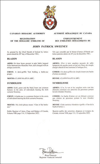 Armoiries de John Patrick Sweeney