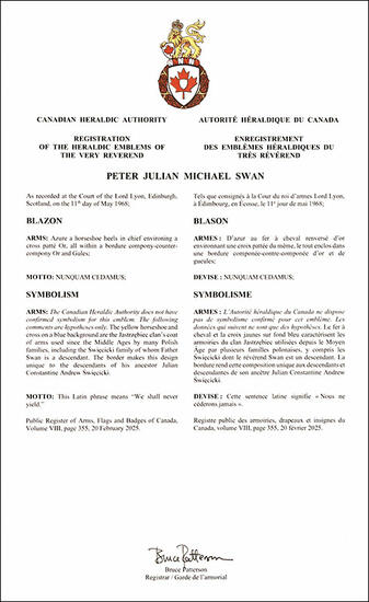 Arms of Peter Julian Michael Swan