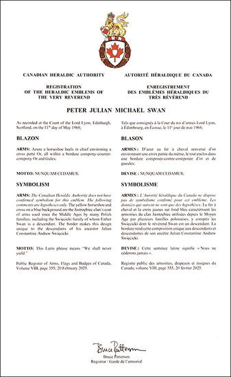 Armoiries de Peter Julian Michael Swan