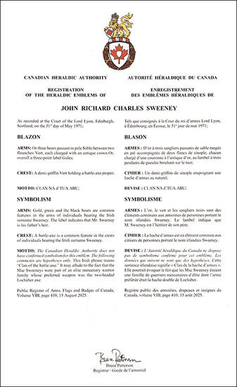 Armoiries de John Richard Charles Sweeney