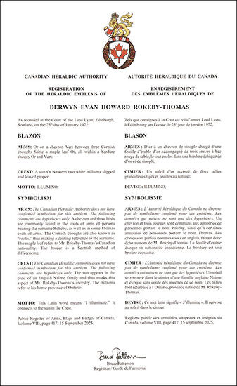 Armoiries de Derwyn Evan Howard Rokeby-Thomas