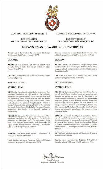 Armoiries de Derwyn Evan Howard Rokeby-Thomas
