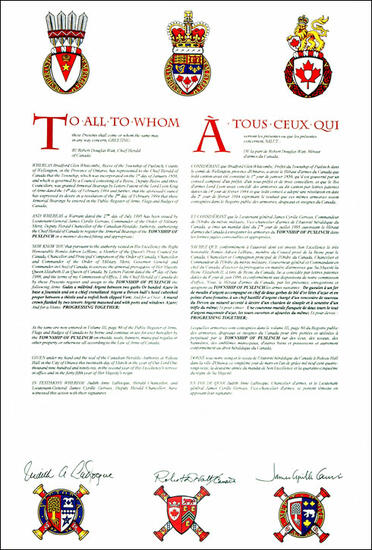 Letters Patent registering the Arms of the Township of Puslinch