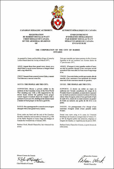Lettres patentes enregistrant les emblèmes héraldiques de The Corporation of the City of Barrie