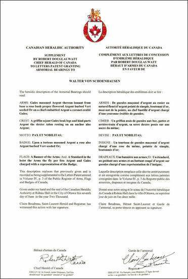 Supplementary Letters Patent for Walter von Schoenhausen