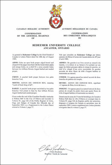 Letters Patent confirming the Armorial Bearing of Redeemer University College