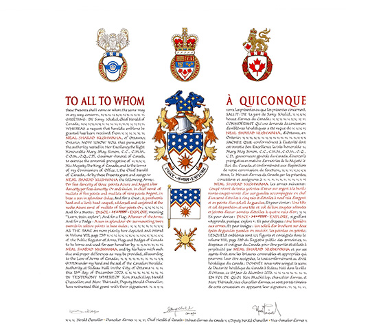 A large sheet of paper displays 3 columns. The column on the left contains hand-inscribed English text, the one on the right contains hand-inscribed French text and the one in the centre displays the paintings of a coat of arms, a flag and a badge. At the top of the page, in the header, there are 3 small painted coats of arms. At the bottom, in the footer, there are 3 signatures.
