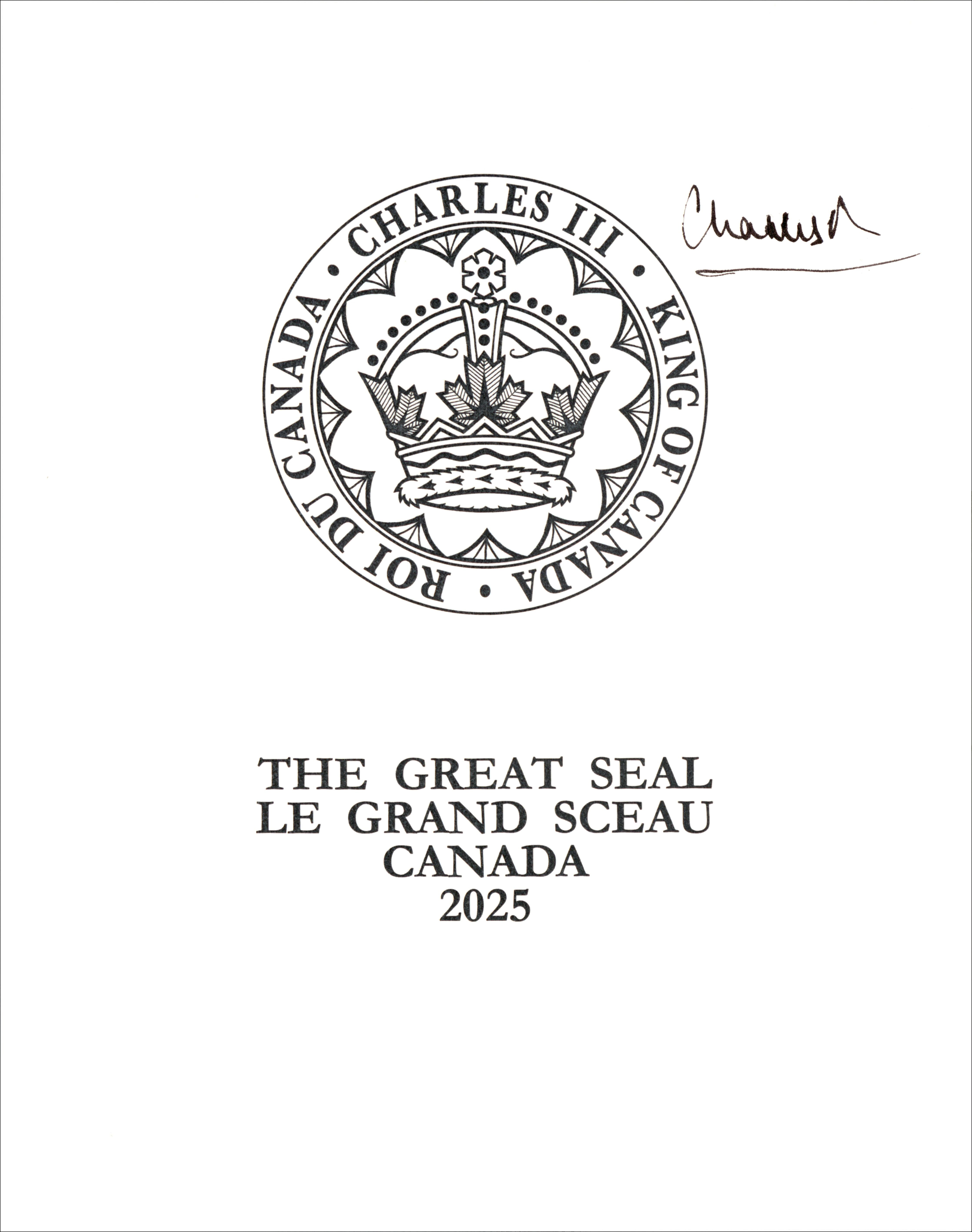 Great Seal of Canada on a piece of paper with King Charles III signature in the top right.