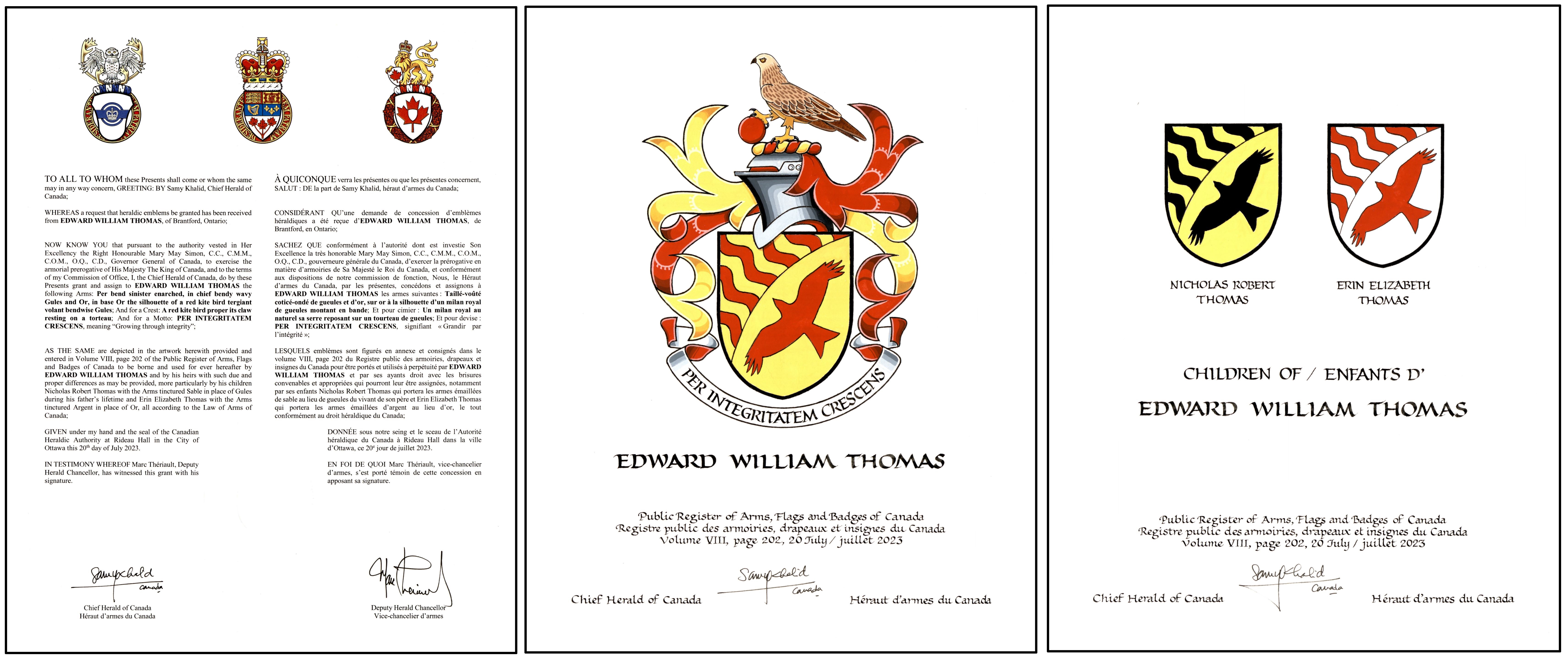 There are 3 pages side by side. The first one on the left consists of two columns of printed text. The second page displays the painting of a coat of arms with hand-inscribed text below it. the third page, on the right, displays two shields side by side, with hand-inscribed text below it.